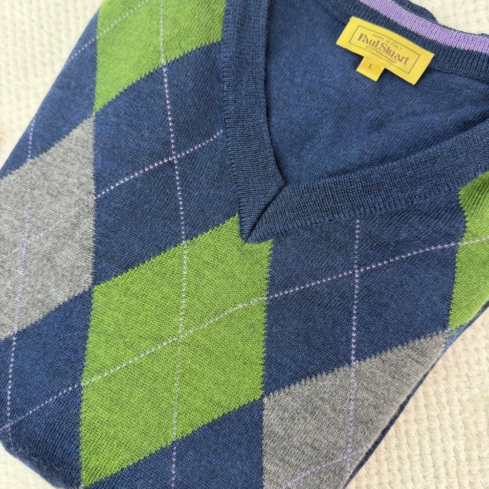 Vintage Paul Stuart Italy Extrafine Merino Wool Argyle V-Neck Sweater Blue L